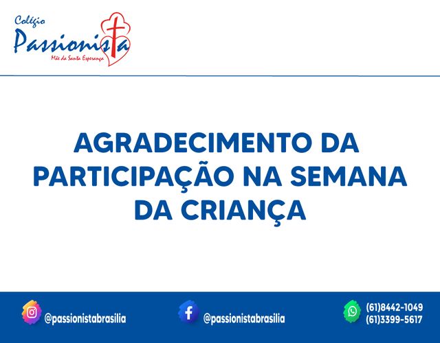 Agradecimento na participa��o da Semana das Crian�as M�e da Santa Esperan�a