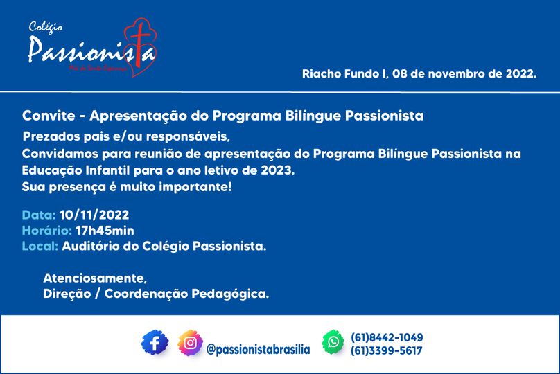 Convite - Apresenta��o do Programa Bil�ngue Passionista M�e da Santa Esperan�a